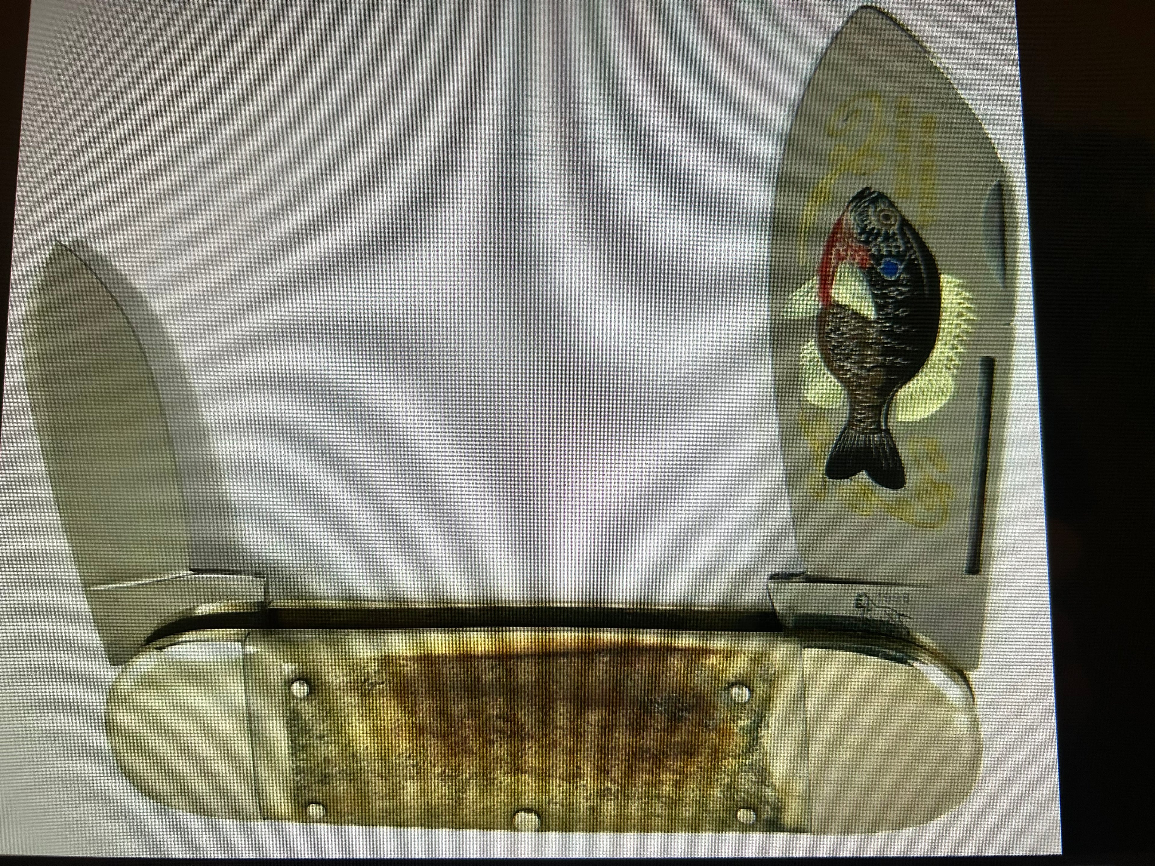 cc...BULLDOG GIANT GERMANY 8.5" Display Sunfish Knife Crystal Synthetic/Bluegill Vintage Age Etch PRE-OWNED
