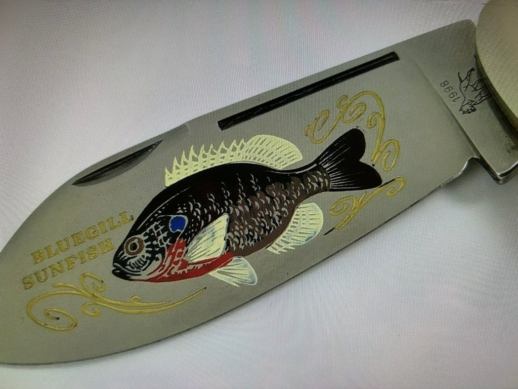 cc...BULLDOG GIANT GERMANY 8.5" Display Sunfish Knife Crystal Synthetic/Bluegill Vintage Age Etch PRE-OWNED
