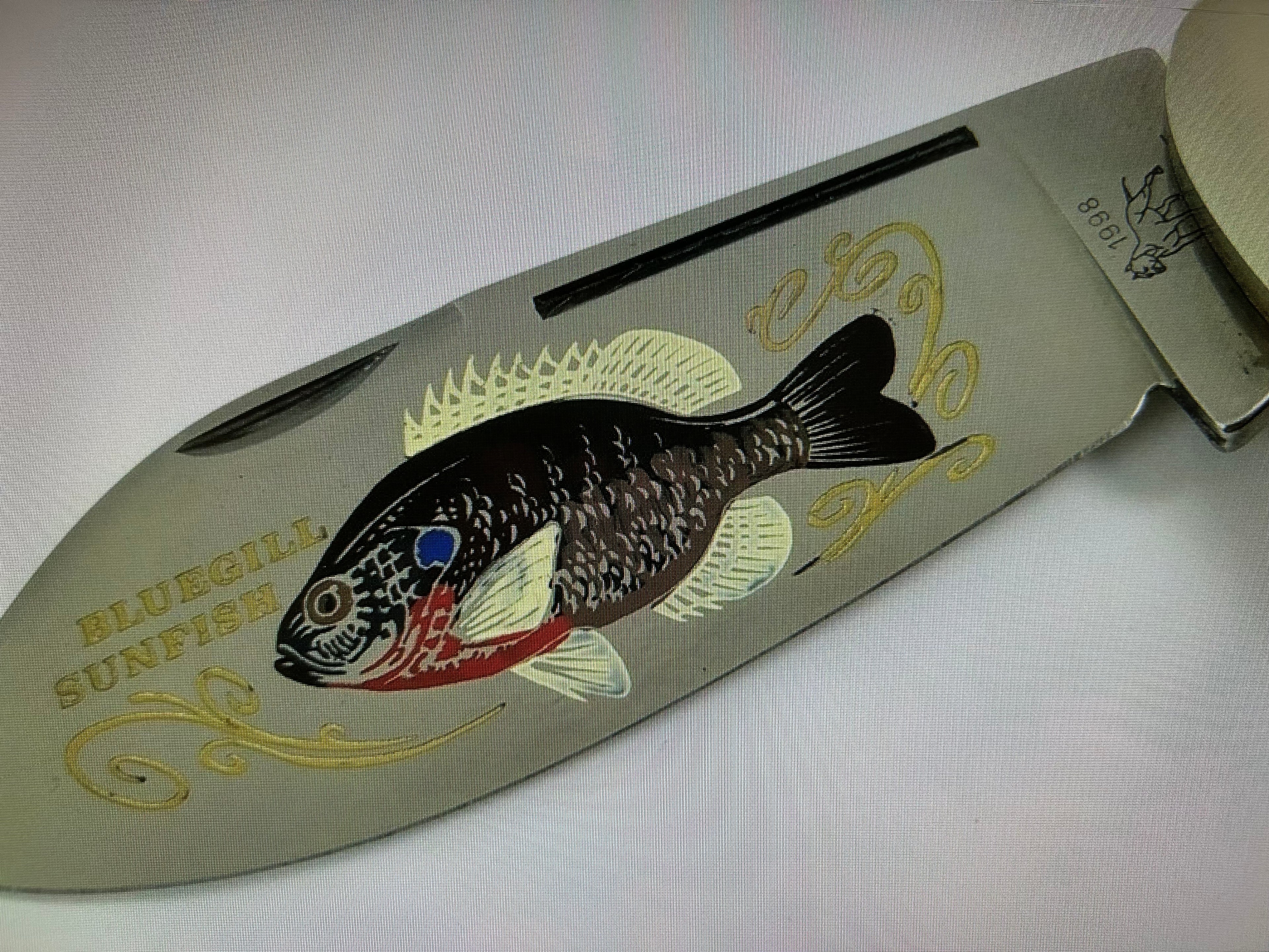 cc...BULLDOG GIANT GERMANY 8.5" Display Sunfish Knife Crystal Synthetic/Bluegill Vintage Age Etch PRE-OWNED