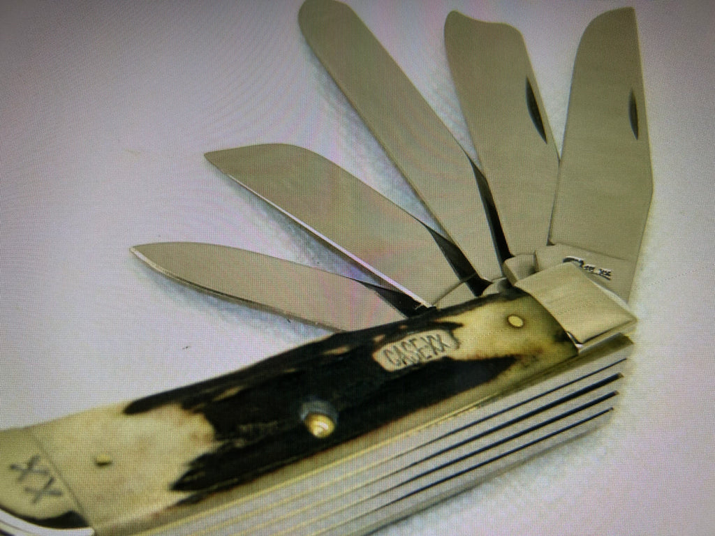 a...Case XX USA Vintage 1997 Trapper Pocket Muti Tool Camping Knife Midnight Stag Handle w/Sheath Pre-OWNED