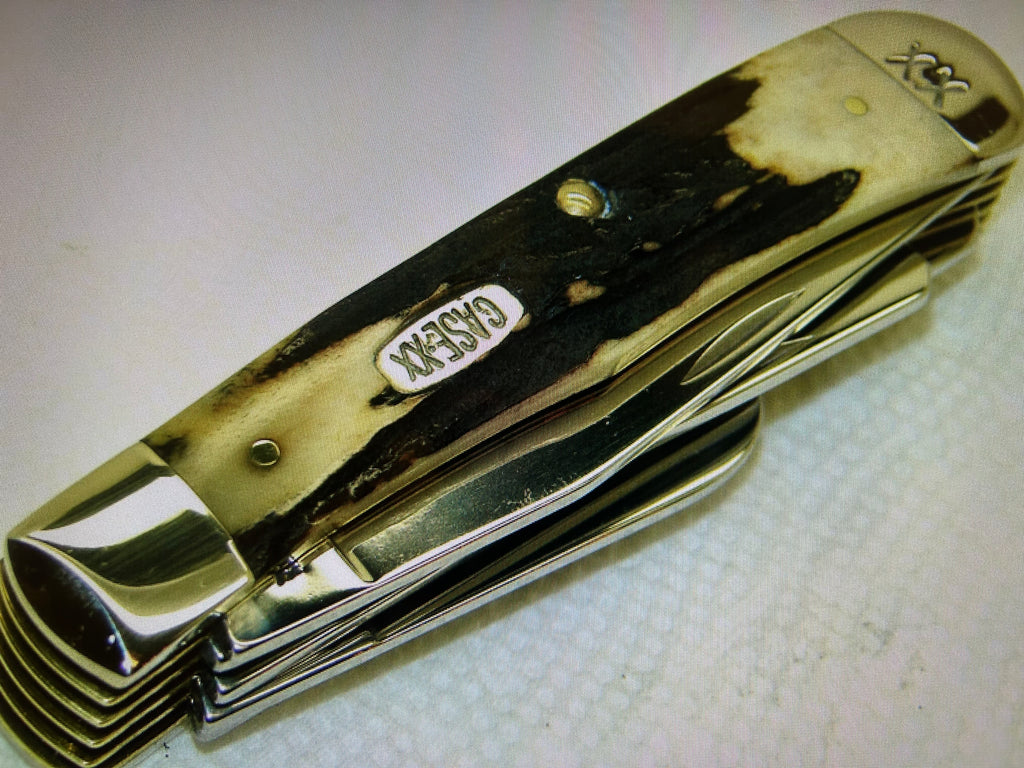 a...Case XX USA Vintage 1997 Trapper Pocket Muti Tool Camping Knife Midnight Stag Handle w/Sheath Pre-OWNED