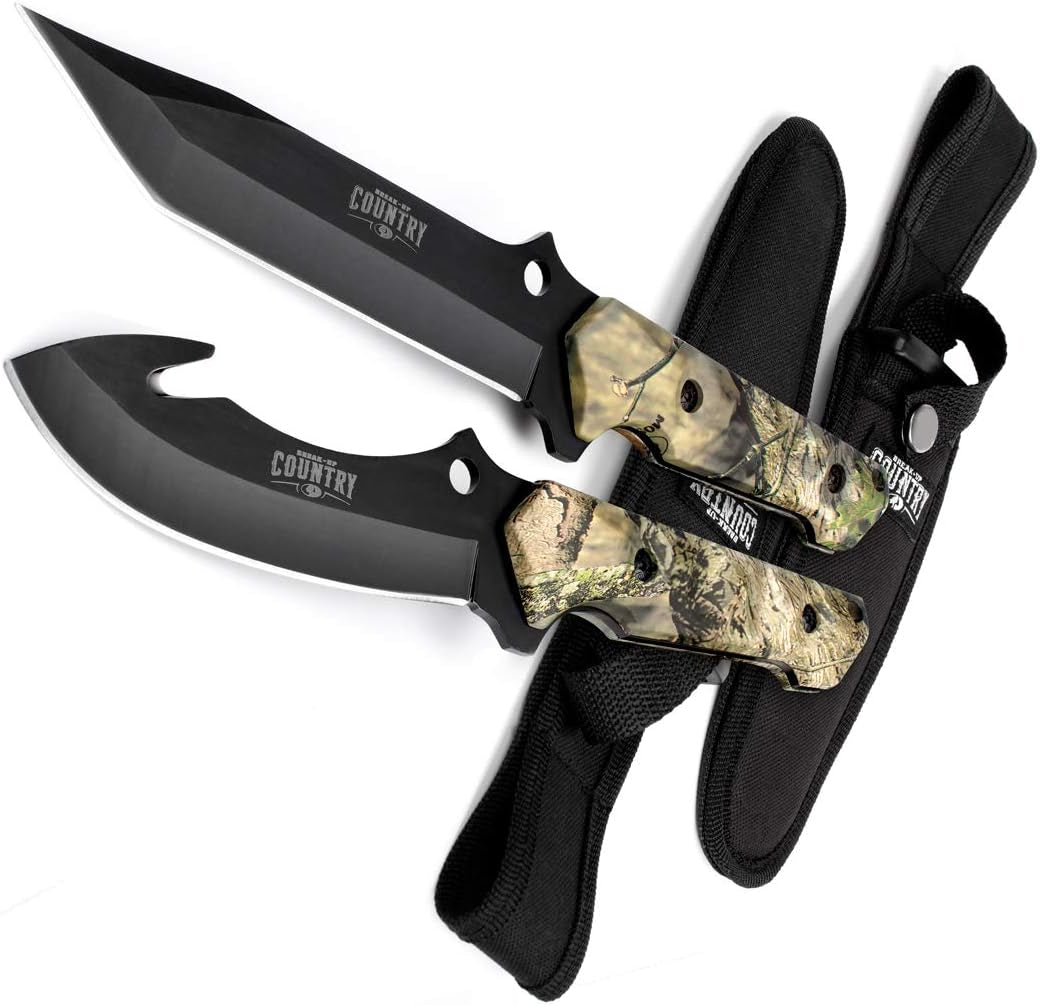 MOSSY OAK 2-Piece CAMO Hunting Knives Gut Hook Set w/Sheath Fixed Blade Stainless Steel Blades NEW