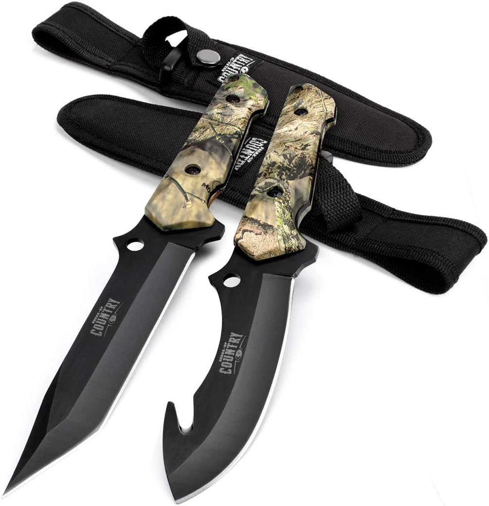 MOSSY OAK 2-Piece CAMO Hunting Knives Gut Hook Set w/Sheath Fixed Blade Stainless Steel Blades NEW