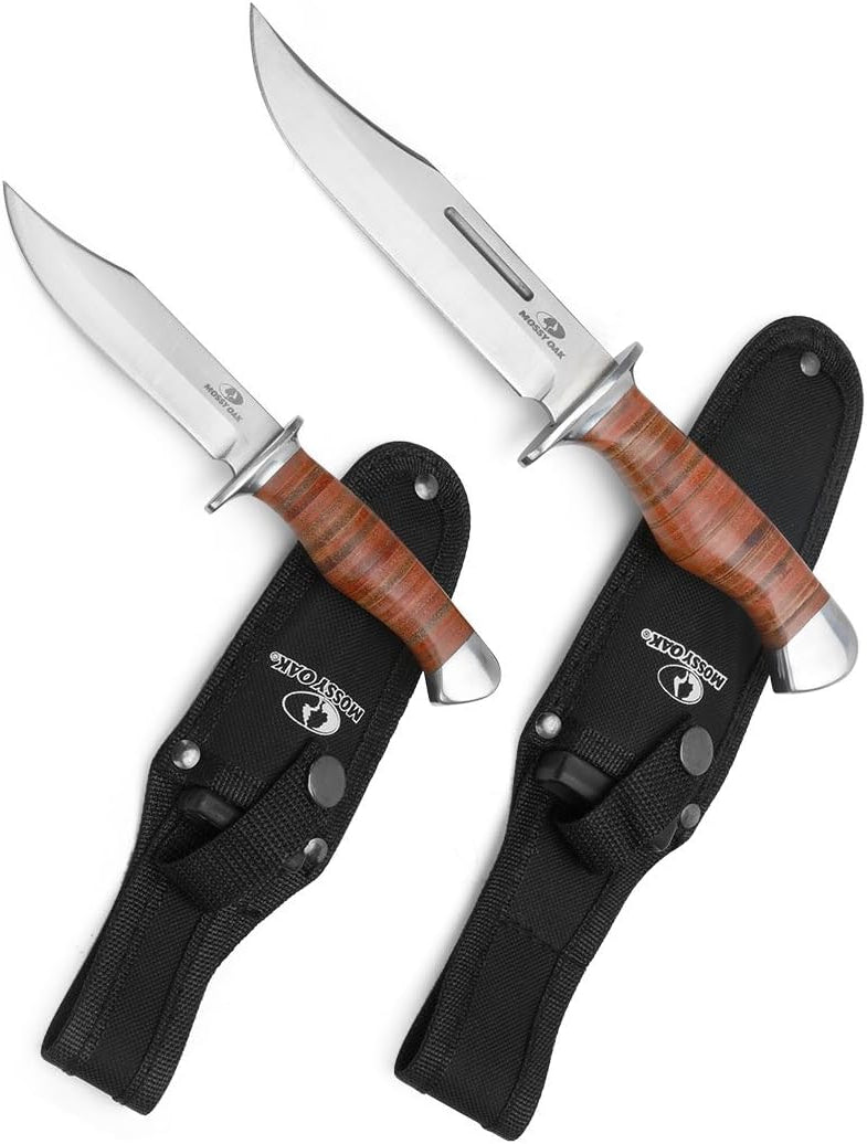 MOSSY OAK 2-Piece Bowie Knife, Fixed Blade Hunting Buck Knife Set Leather Handle w/Sheath NEW
