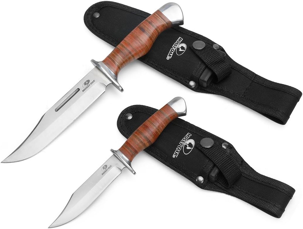 MOSSY OAK 2-Piece Bowie Knife, Fixed Blade Hunting Buck Knife Set Leather Handle w/Sheath NEW