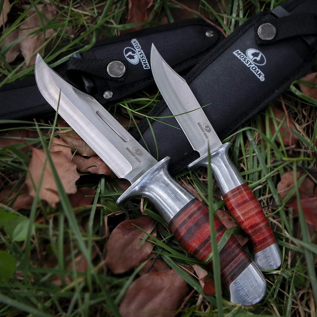 MOSSY OAK 2-Piece Leather Handle with Laser Pattern Hunting Knives Set NEW