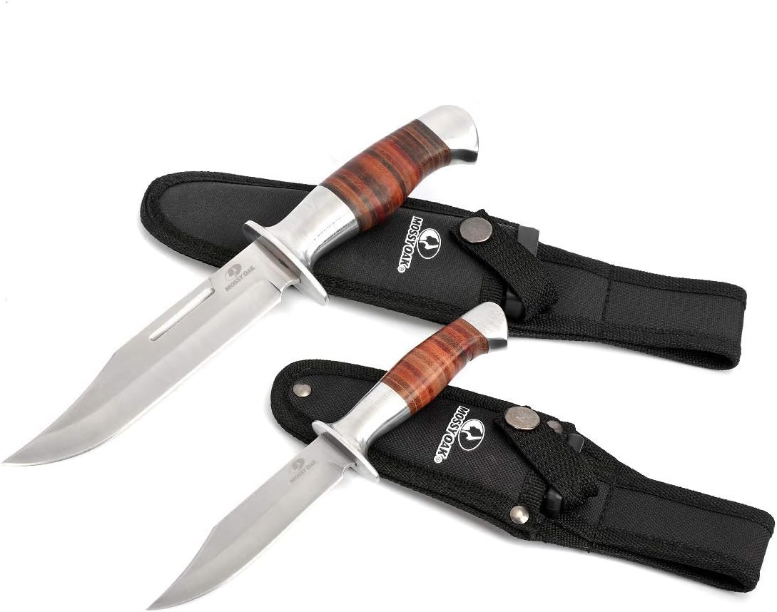 MOSSY OAK 2-Piece Leather Handle with Laser Pattern Hunting Knives Set NEW