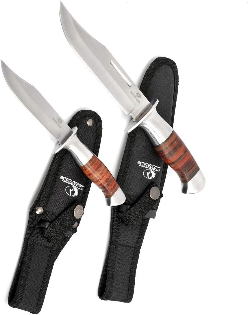 MOSSY OAK 2-Piece Leather Handle with Laser Pattern Hunting Knives Set NEW
