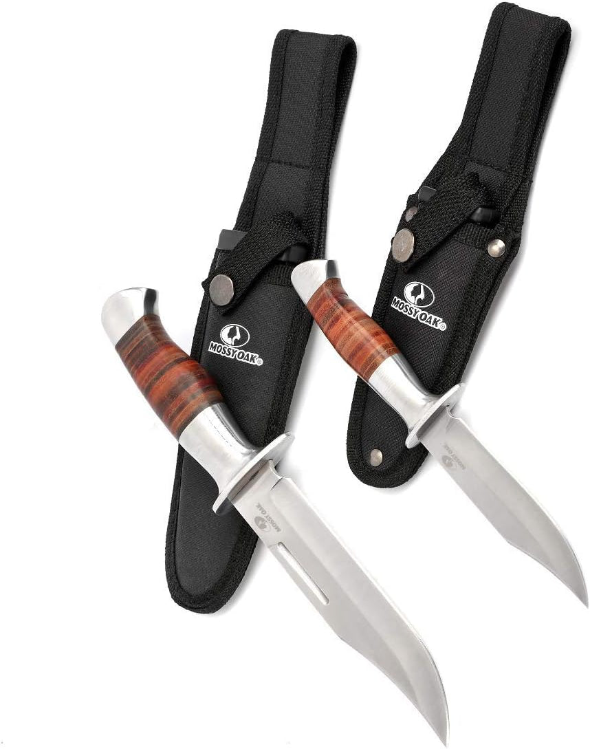 MOSSY OAK 2-Piece Leather Handle with Laser Pattern Hunting Knives Set NEW