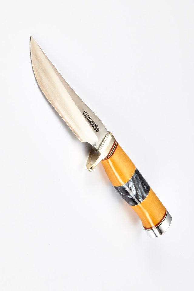 RANDALL USA KNIVES MODEL 3-5" Westinghouse Old Yeller- ALL PURPOSE HUNTER ATTACK KNIFE POLY PEARL/YELLOW MICARTA HANDLE HIGH CARBON STEEL W/SHEATH PRE-OWNED