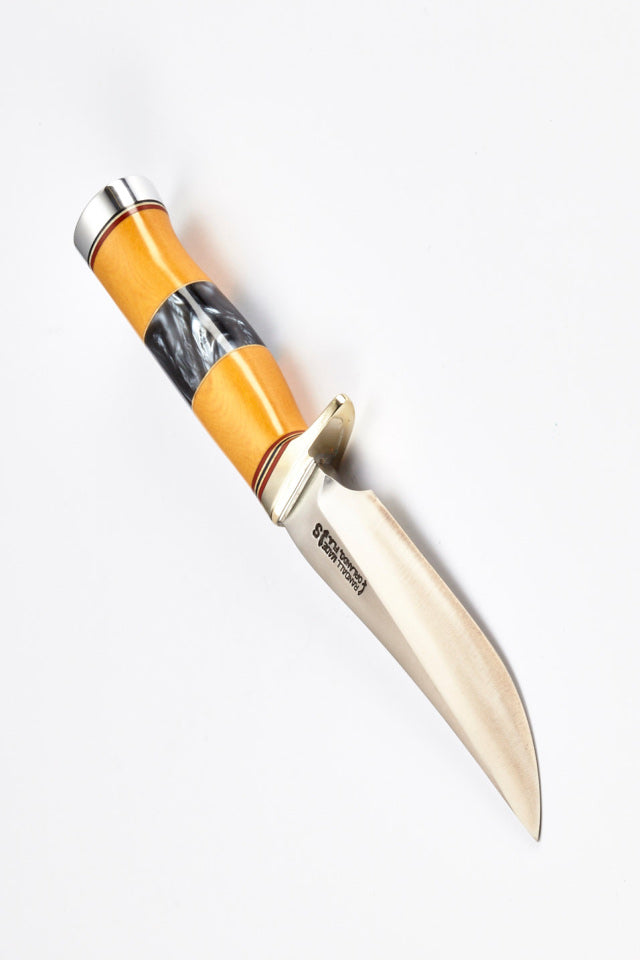 RANDALL USA KNIVES MODEL 3-5.5" Westinghouse Old Yeller- ALL PURPOSE AIRMAN ATTACK KNIFE BLACK/YELLOW MICARTA HANDLE HIGH CARBON STEEL W/SHEATH PRE-OWNED