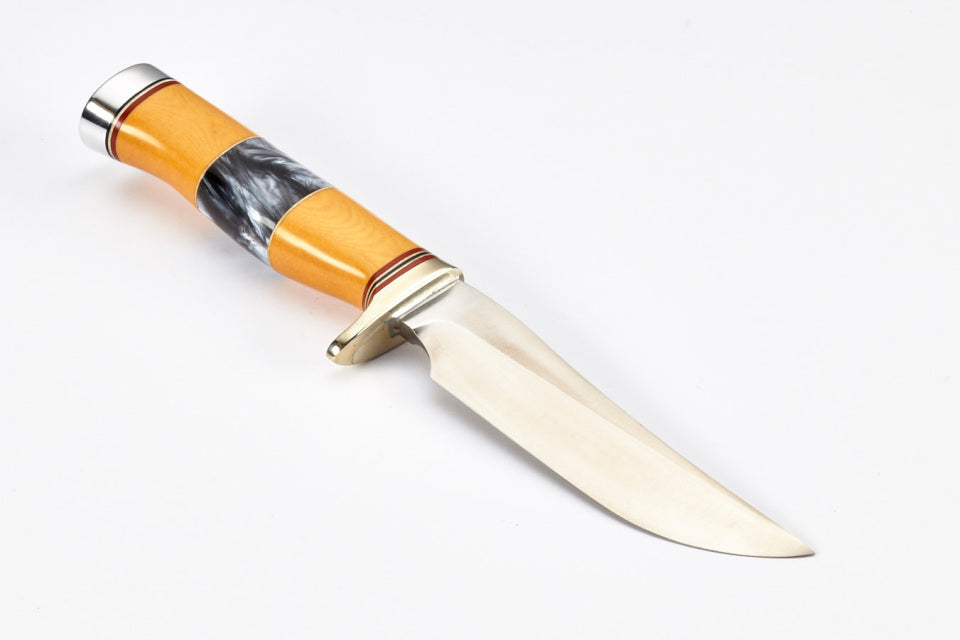 RANDALL USA KNIVES MODEL 3-5" Westinghouse Old Yeller- ALL PURPOSE HUNTER ATTACK KNIFE POLY PEARL/YELLOW MICARTA HANDLE HIGH CARBON STEEL W/SHEATH PRE-OWNED