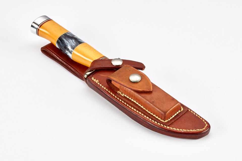 RANDALL USA KNIVES MODEL 3-5" Westinghouse Old Yeller- ALL PURPOSE HUNTER ATTACK KNIFE POLY PEARL/YELLOW MICARTA HANDLE HIGH CARBON STEEL W/SHEATH PRE-OWNED