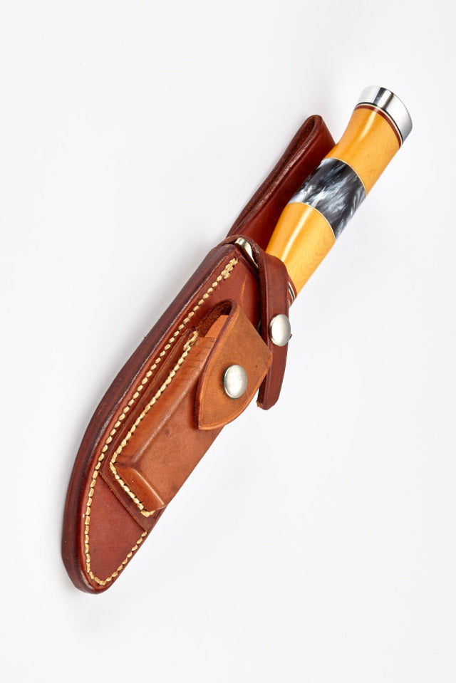RANDALL USA KNIVES MODEL 3-5" Westinghouse Old Yeller- ALL PURPOSE HUNTER ATTACK KNIFE POLY PEARL/YELLOW MICARTA HANDLE HIGH CARBON STEEL W/SHEATH PRE-OWNED
