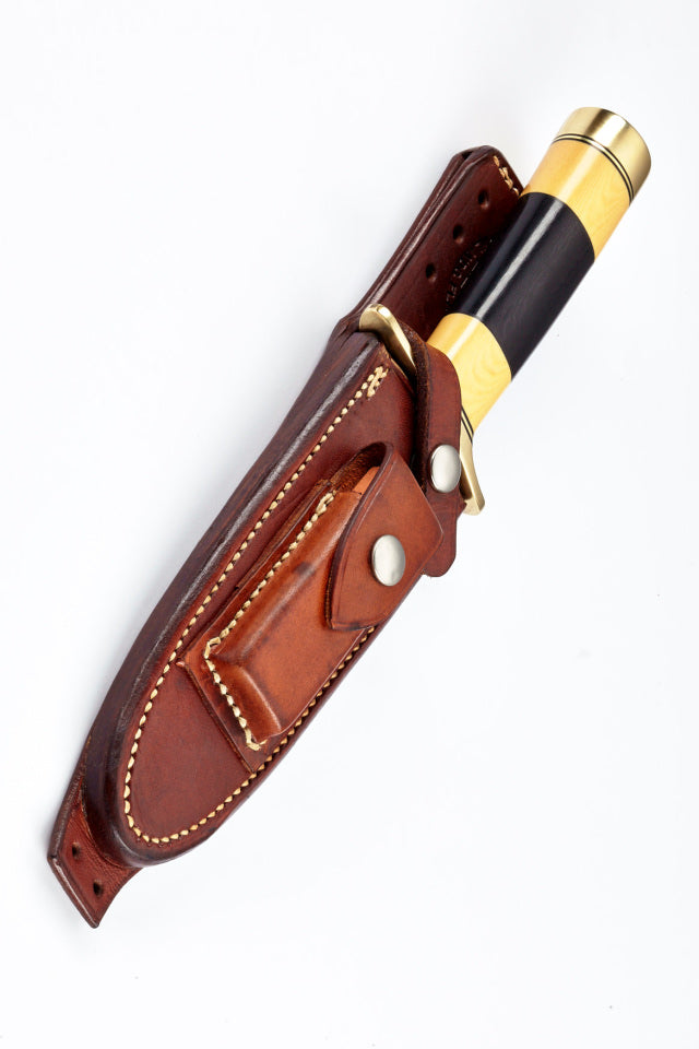RANDALL USA KNIVES MODEL 3-5.5" Westinghouse Old Yeller- ALL PURPOSE AIRMAN ATTACK KNIFE BLACK/YELLOW MICARTA HANDLE HIGH CARBON STEEL W/SHEATH PRE-OWNED