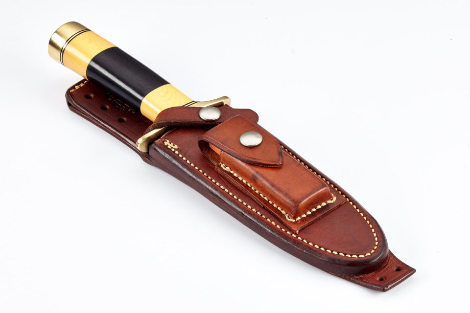 RANDALL USA KNIVES MODEL 3-5.5" Westinghouse Old Yeller- ALL PURPOSE AIRMAN ATTACK KNIFE BLACK/YELLOW MICARTA HANDLE HIGH CARBON STEEL W/SHEATH PRE-OWNED