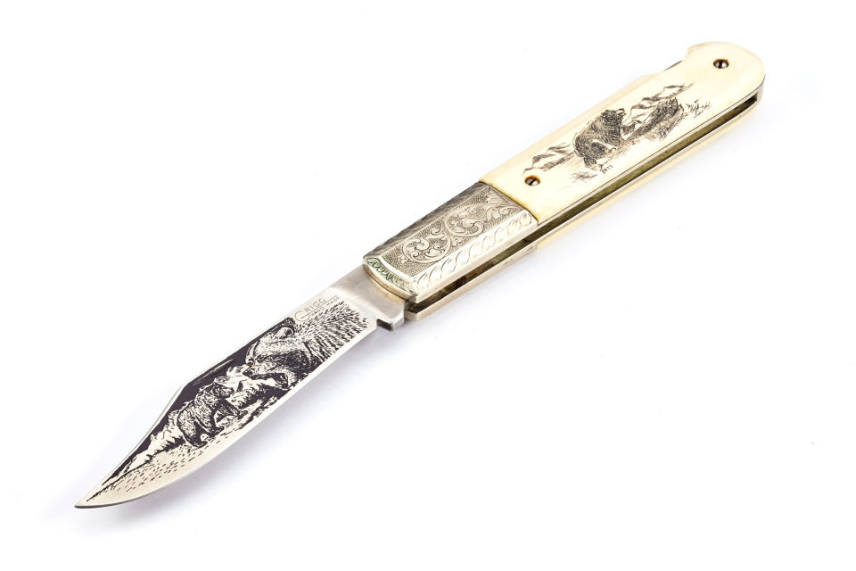 RANDALL USA / Grigg Vintage; Large Folder - 4" - Elephant Ivory (Engraved, Etched, Scrimshaw) FOLDING KNIFE , POCKET Knife w/Sheath PRE-OWNED