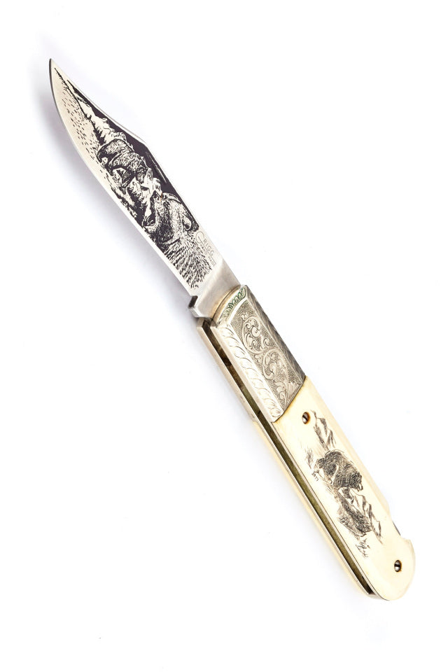 RANDALL USA / Grigg Vintage; Large Folder - 4" - Elephant Ivory (Engraved, Etched, Scrimshaw) FOLDING KNIFE , POCKET Knife w/Sheath PRE-OWNED