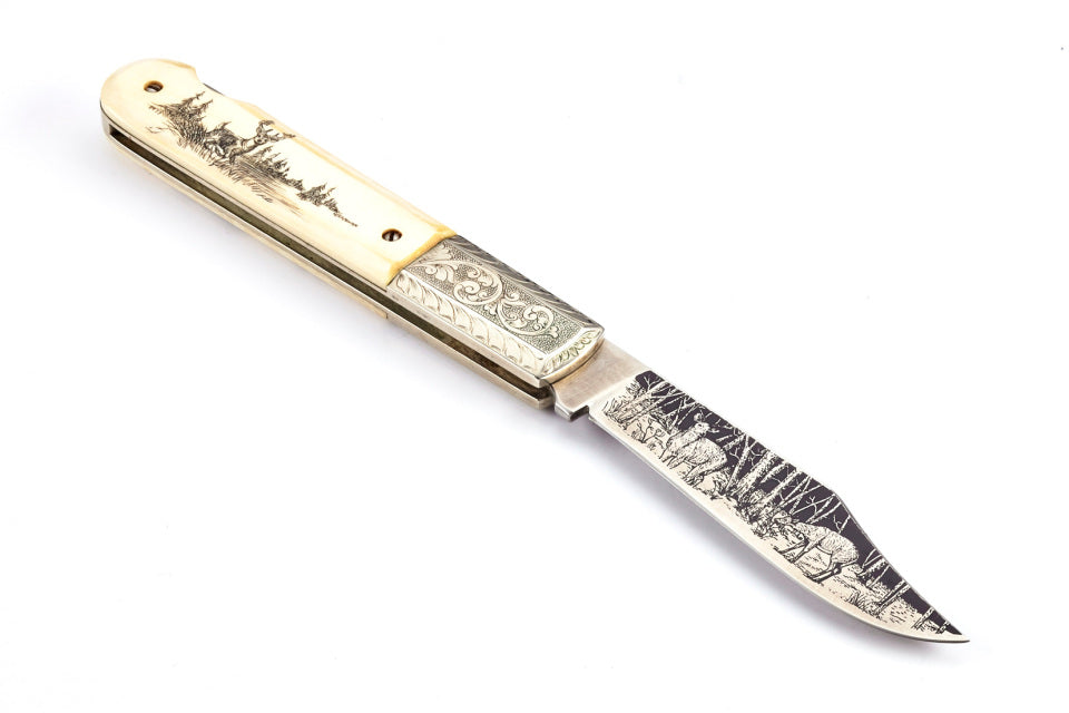 RANDALL USA / Grigg Vintage; Large Folder - 4" - Elephant Ivory (Engraved, Etched, Scrimshaw) FOLDING KNIFE , POCKET Knife w/Sheath PRE-OWNED