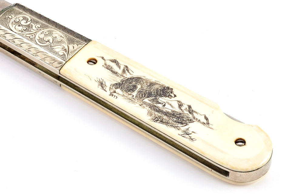 RANDALL USA / Grigg Vintage; Large Folder - 4" - Elephant Ivory (Engraved, Etched, Scrimshaw) FOLDING KNIFE , POCKET Knife w/Sheath PRE-OWNED