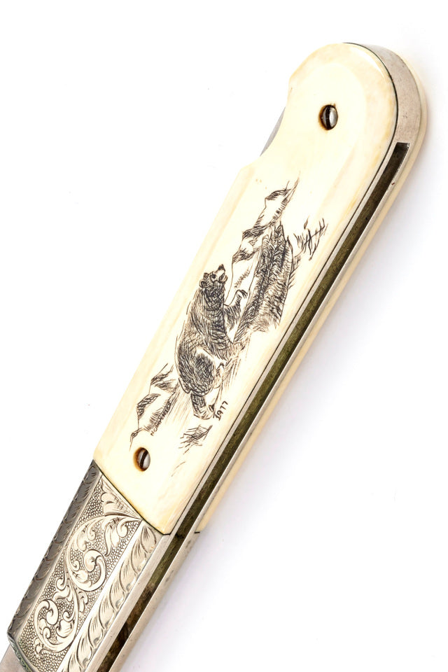 RANDALL USA / Grigg Vintage; Large Folder - 4" - Elephant Ivory (Engraved, Etched, Scrimshaw) FOLDING KNIFE , POCKET Knife w/Sheath PRE-OWNED