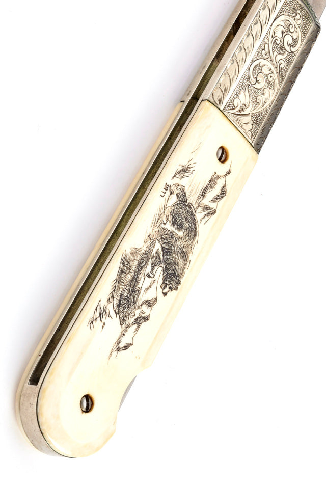 RANDALL USA / Grigg Vintage; Large Folder - 4" - Elephant Ivory (Engraved, Etched, Scrimshaw) FOLDING KNIFE , POCKET Knife w/Sheath PRE-OWNED