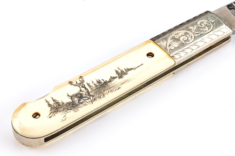 RANDALL USA / Grigg Vintage; Large Folder - 4" - Elephant Ivory (Engraved, Etched, Scrimshaw) FOLDING KNIFE , POCKET Knife w/Sheath PRE-OWNED