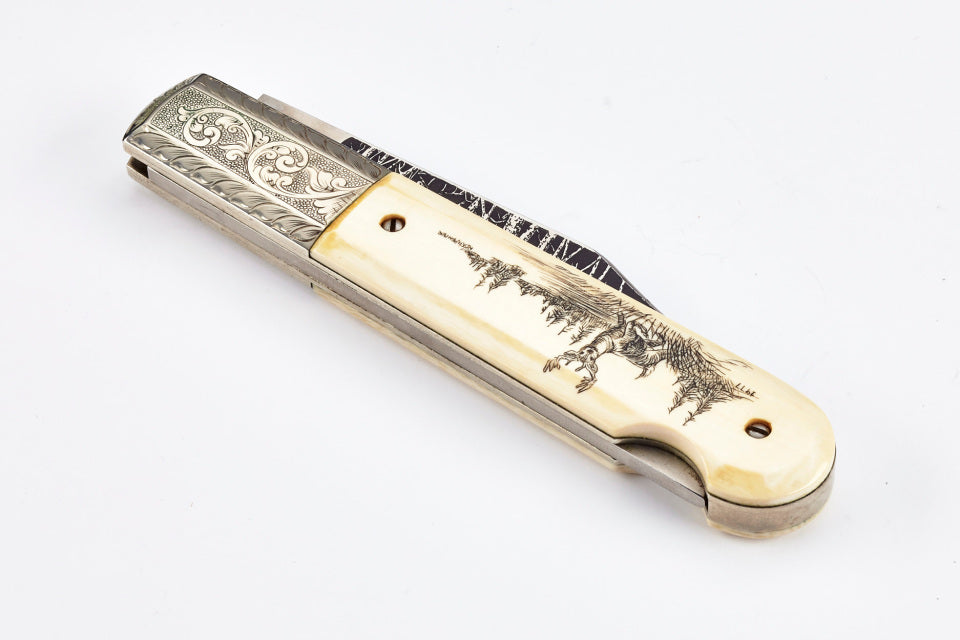 RANDALL USA / Grigg Vintage; Large Folder - 4" - Elephant Ivory (Engraved, Etched, Scrimshaw) FOLDING KNIFE , POCKET Knife w/Sheath PRE-OWNED