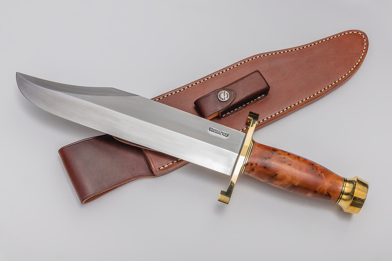 RANDALL USA KNIVES MODEL 12-11 Smithsonian Bowie ALL PURPOSE FIGHTER KNIFE HIGH CARBON STEEL  BURL WOOD Handle W/SHEATH PRE-OWNED