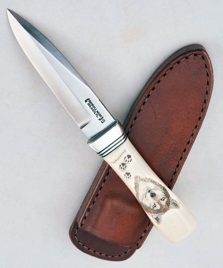 RANDALL USA KNIVES GAMBLER - 4 MODEL  ALL PURPOSE GUARDIAN SURVIVAL KNIFE SCRIMSHAW WOLF IVORITE MICARTA HANDLE HIGH CARBON STEEL W/SHEATH PRE-OWNED