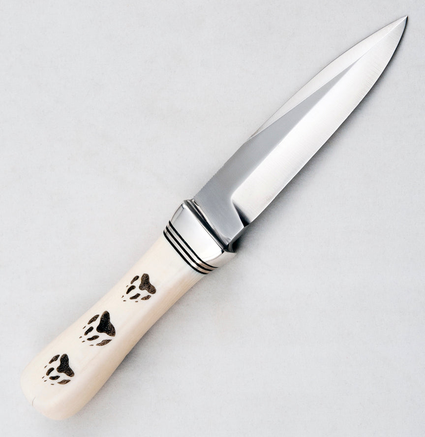 RANDALL USA KNIVES GAMBLER - 4 MODEL  ALL PURPOSE GUARDIAN SURVIVAL KNIFE SCRIMSHAW WOLF IVORITE MICARTA HANDLE HIGH CARBON STEEL W/SHEATH PRE-OWNED