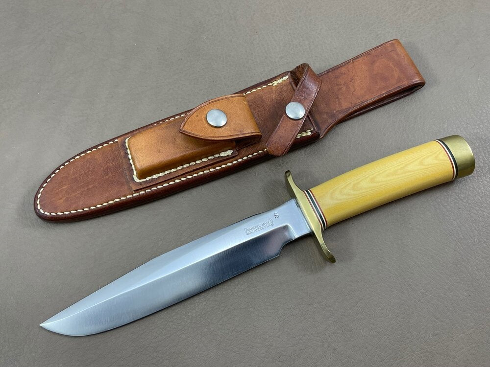 RANDALL USA KNIVES MODEL 1-7.5 ALL PURPOSE FIGHTER KNIFE YELLOW MICARTA HANDLE HIGH CARBON STEEL W/SHEATH PRE-OWNED