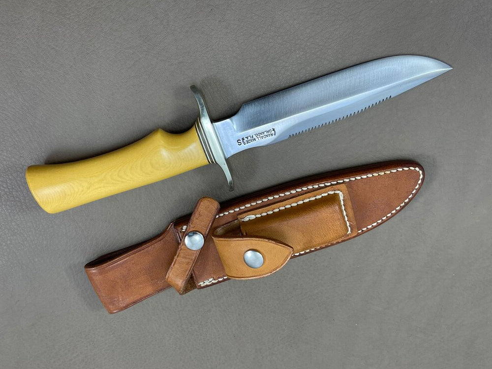 RANDALL USA KNIVES MODEL 1-7.5 ALL PURPOSE FIGHTER KNIFE YELLOW MICARTA HANDLE HIGH CARBON STEEL W/SHEATH PRE-OWNED
