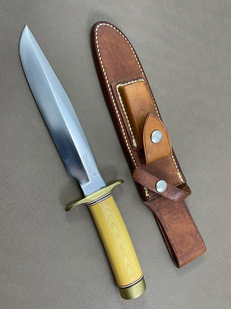 RANDALL USA KNIVES MODEL 1-7.5 ALL PURPOSE FIGHTER KNIFE YELLOW MICARTA HANDLE HIGH CARBON STEEL W/SHEATH PRE-OWNED