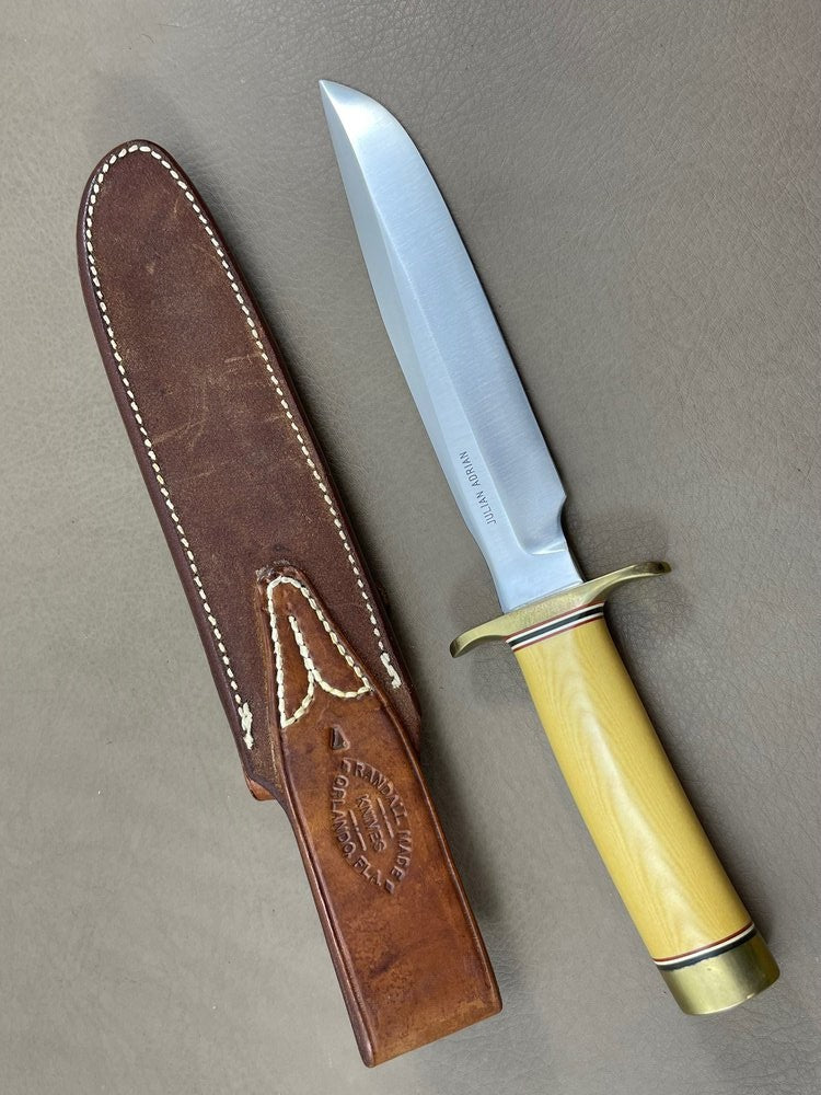 RANDALL USA KNIVES MODEL 1-7.5 ALL PURPOSE FIGHTER KNIFE YELLOW MICARTA HANDLE HIGH CARBON STEEL W/SHEATH PRE-OWNED