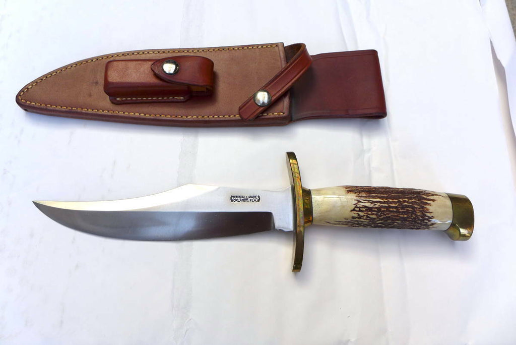 RANDALL USA KNIVES MODEL 12-8 BOWIE ALL PURPOSE FIGHTER KNIFE HIGH CARBON STEEL STAG/ANTLER  HANDLE W/SHEATH PRE-OWNED