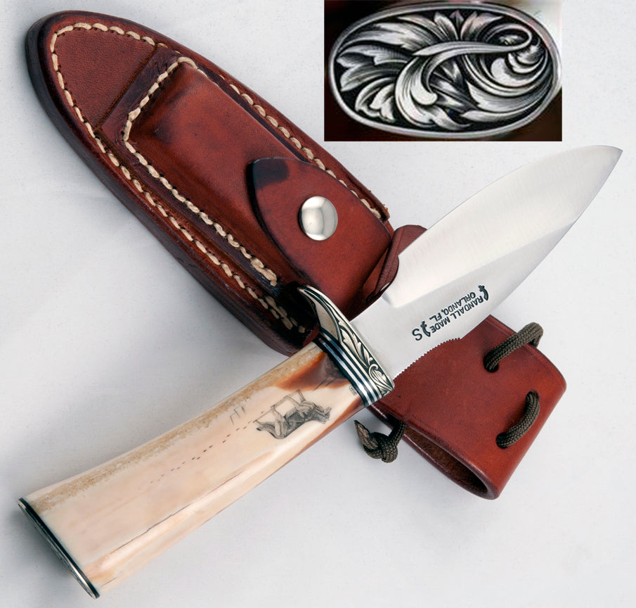 RANDALL USA KNIVES MODEL 11 - 5 ALASKAN SKINNER - 5 ALL PURPOSE GUARDIAN SURVIVAL KNIFE SCRIMSHAW &nbsp;RUNNING WOLF IVORITE MICARTA HANDLE HIGH CARBON STEEL W/SHEATH PRE-OWNED