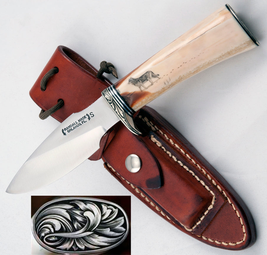 RANDALL USA KNIVES MODEL 11 - 5 ALASKAN SKINNER - 5 ALL PURPOSE GUARDIAN SURVIVAL KNIFE SCRIMSHAW &nbsp;RUNNING WOLF IVORITE MICARTA HANDLE HIGH CARBON STEEL W/SHEATH PRE-OWNED