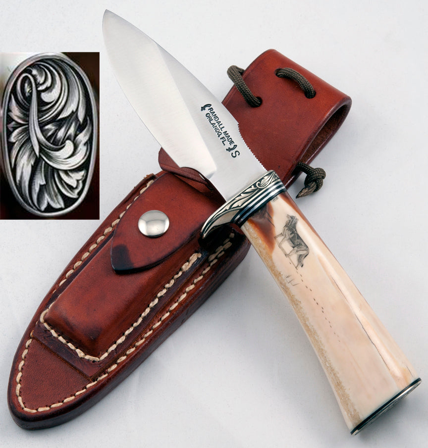 RANDALL USA KNIVES MODEL 11 - 5 ALASKAN SKINNER - 5 ALL PURPOSE GUARDIAN SURVIVAL KNIFE SCRIMSHAW &nbsp;RUNNING WOLF IVORITE MICARTA HANDLE HIGH CARBON STEEL W/SHEATH PRE-OWNED