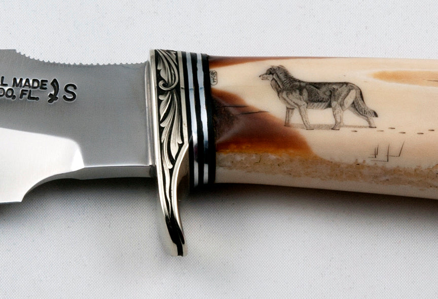 RANDALL USA KNIVES MODEL 11 - 5 ALASKAN SKINNER - 5 ALL PURPOSE GUARDIAN SURVIVAL KNIFE SCRIMSHAW &nbsp;RUNNING WOLF IVORITE MICARTA HANDLE HIGH CARBON STEEL W/SHEATH PRE-OWNED