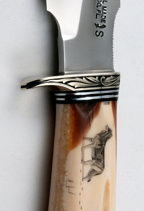 RANDALL USA KNIVES MODEL 11 - 5 ALASKAN SKINNER - 5 ALL PURPOSE GUARDIAN SURVIVAL KNIFE SCRIMSHAW &nbsp;RUNNING WOLF IVORITE MICARTA HANDLE HIGH CARBON STEEL W/SHEATH PRE-OWNED