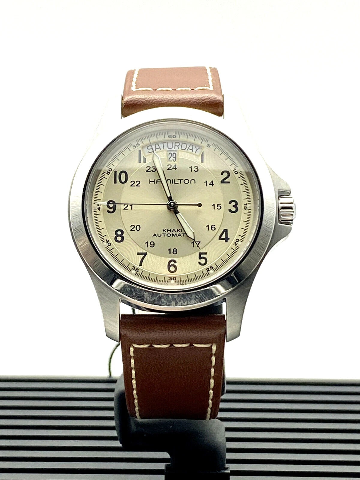 ZZ...HAMILTON SWISS Made Khaki Field King Auto Brown Leather Men's Watch(Automatic)H64455523 NEW