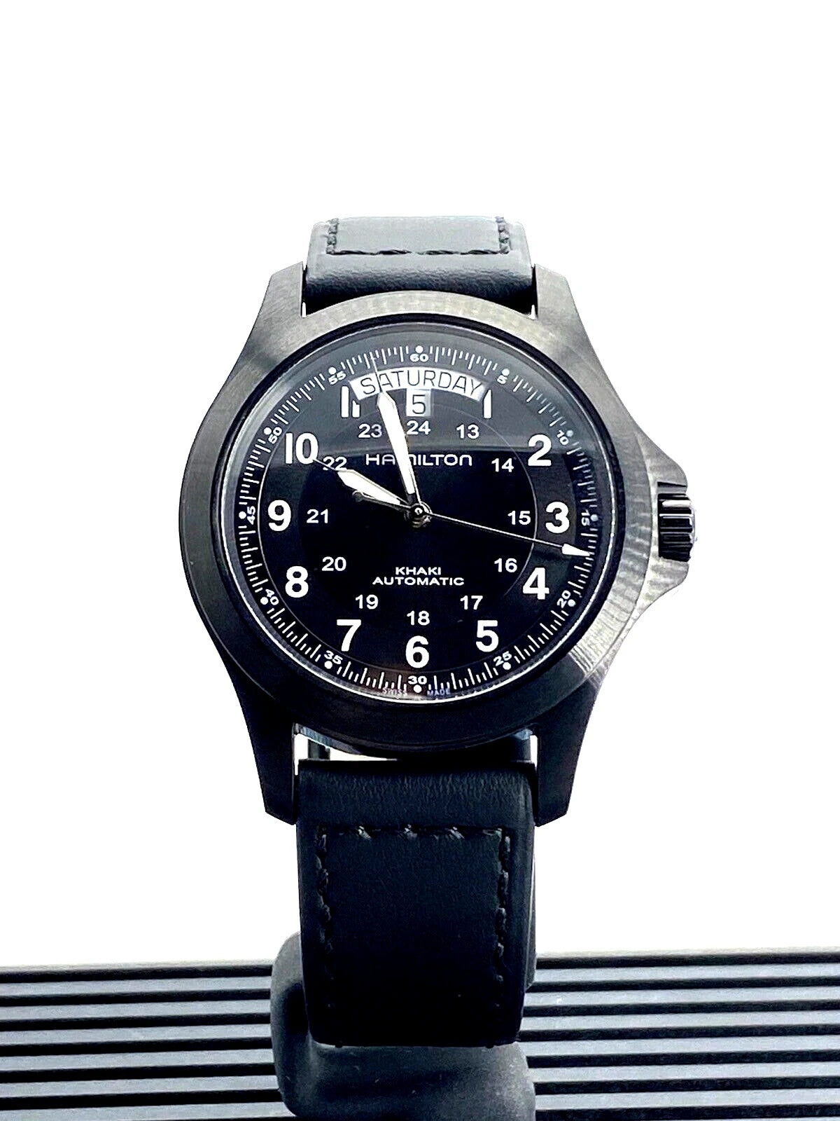 ZZ...HAMILTON SWISS Made Khaki Field Mechnical King Black Dial &amp; Leather Men's Watch H64465733 (Automatic) NEW