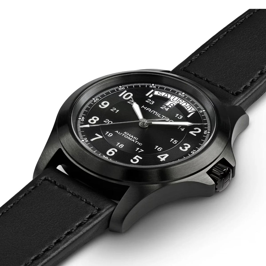 ZZ...HAMILTON SWISS Made Khaki Field Mechnical King Black Dial &amp; Leather Men's Watch H64465733 (Automatic) NEW