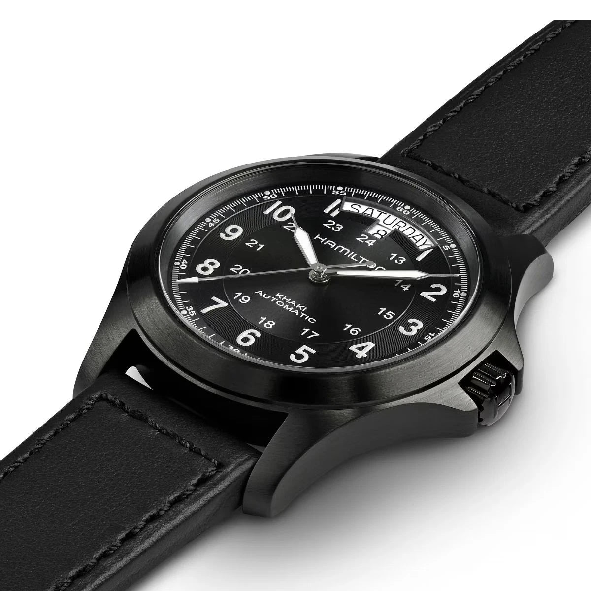 ZZ...HAMILTON SWISS Made Khaki Field Mechnical King Black Dial &amp; Leather Men's Watch H64465733 (Automatic) NEW