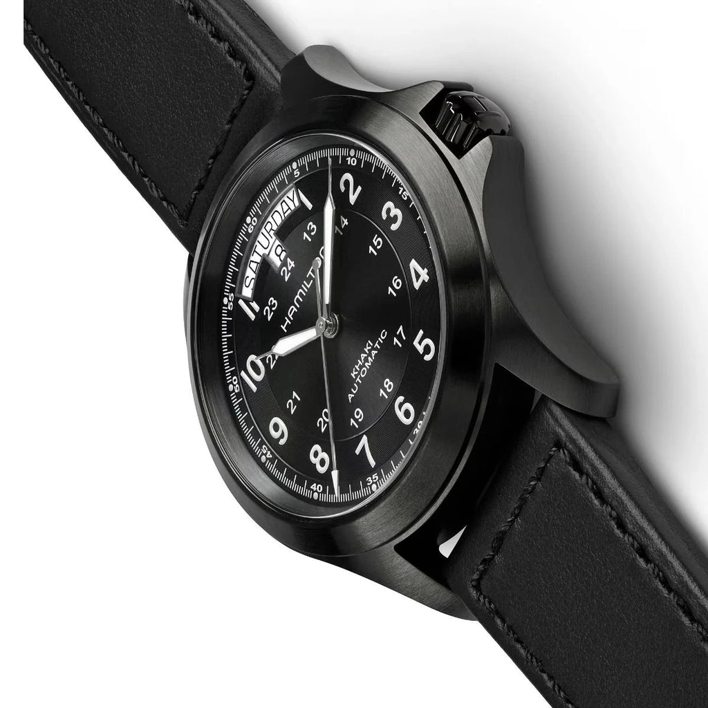 ZZ...HAMILTON SWISS Made Khaki Field Mechnical King Black Dial &amp; Leather Men's Watch H64465733 (Automatic) NEW