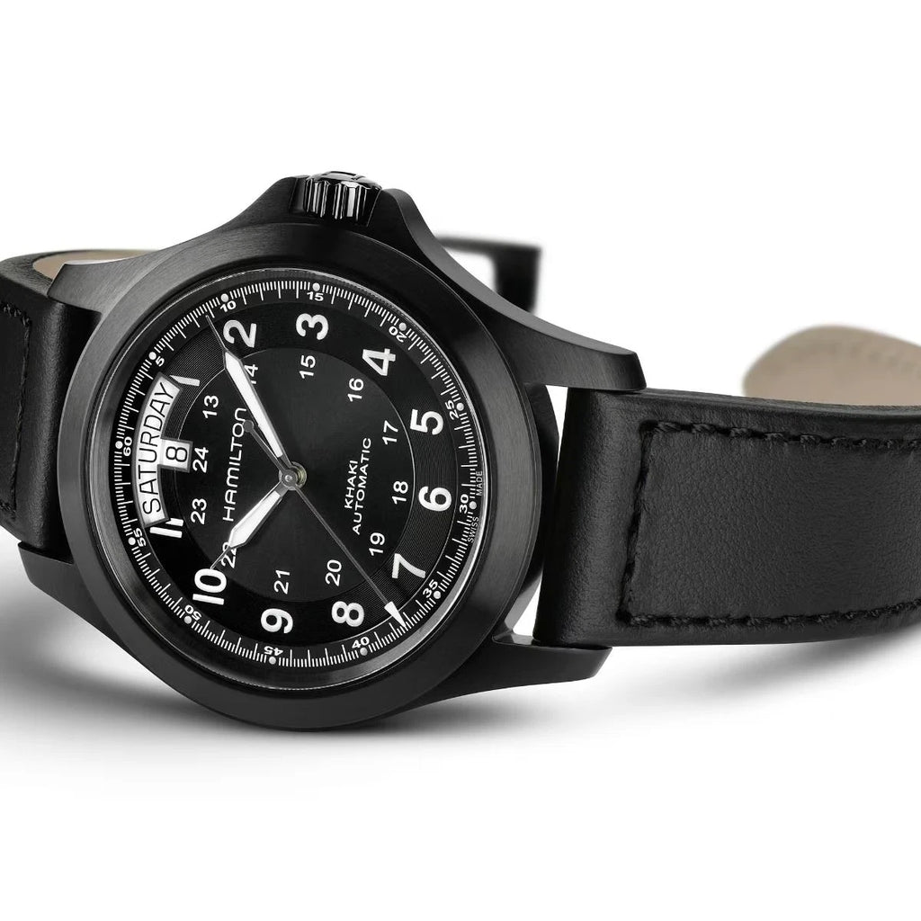 ZZ...HAMILTON SWISS Made Khaki Field Mechnical King Black Dial &amp; Leather Men's Watch H64465733 (Automatic) NEW