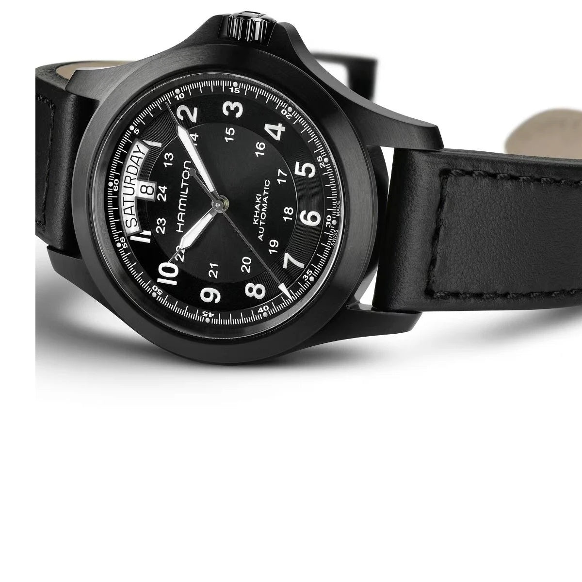 ZZ...HAMILTON SWISS Made Khaki Field Mechnical King Black Dial &amp; Leather Men's Watch H64465733 (Automatic) NEW