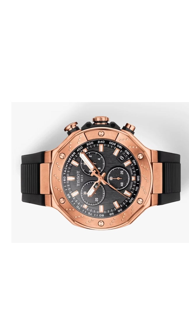 ZZ...TISSOT SWISS Made T-Race Chronograph Black/Rose Gold Quartz Men's Watch T1414173705100 NEW