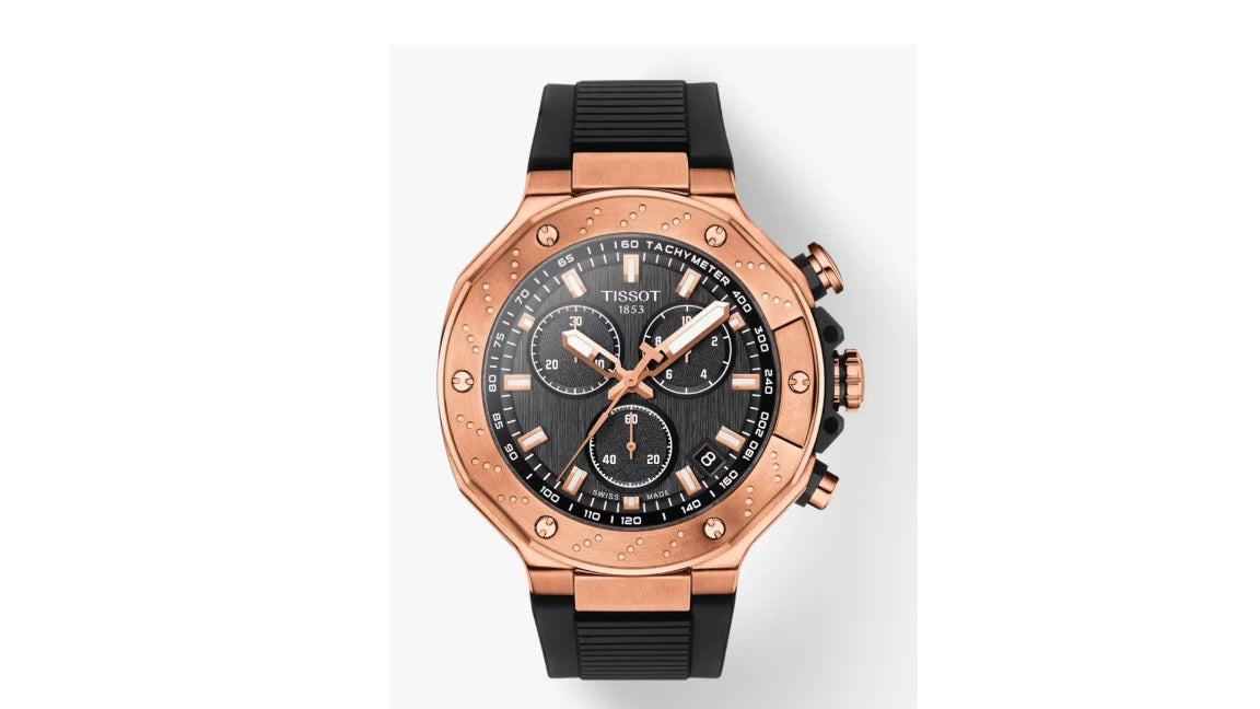 ZZ...TISSOT SWISS Made T-Race Chronograph Black/Rose Gold Quartz Men's Watch T1414173705100 NEW